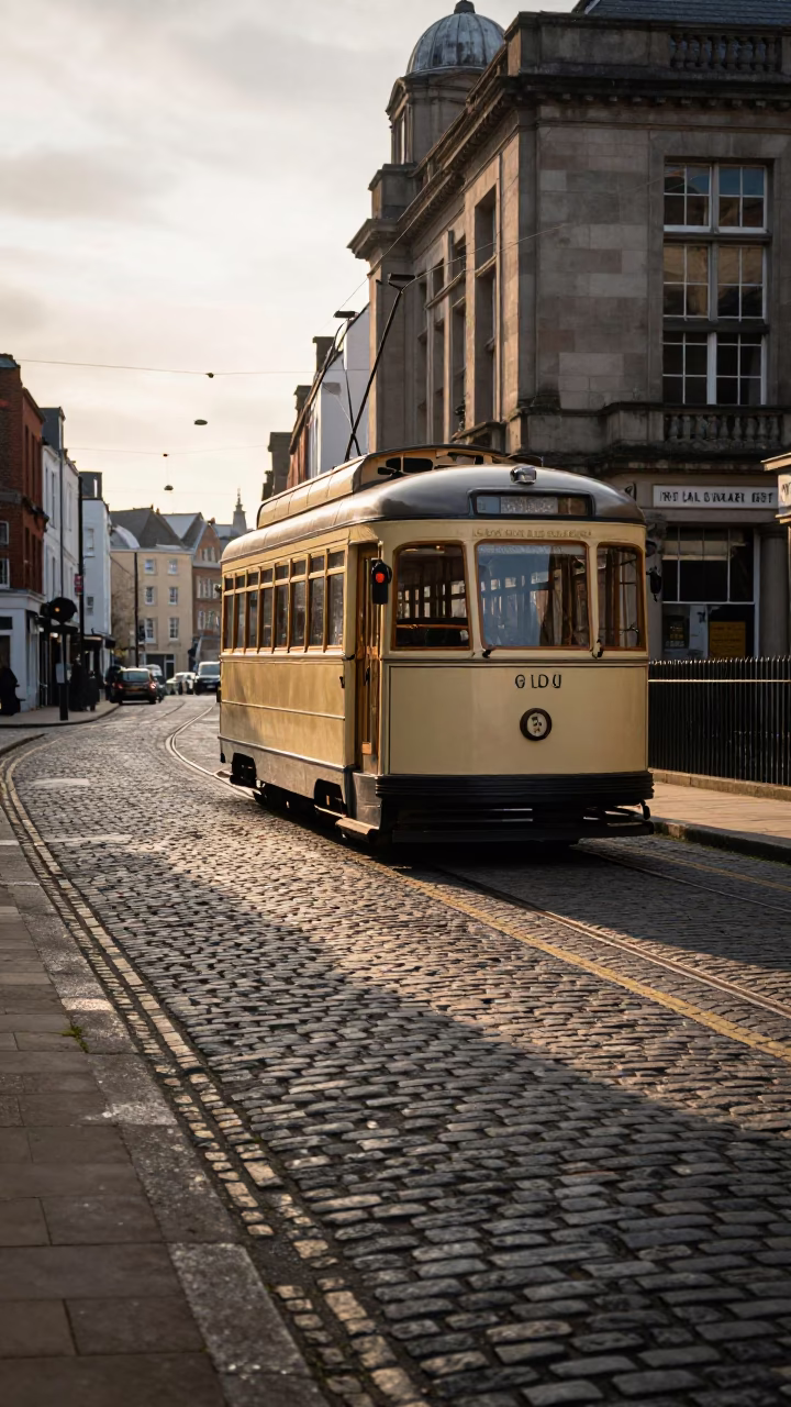 Golden Hour Heritage Tram Passing Cobblestone Street in Liverpool United Kingdom in in Liverpool, United Kingdom