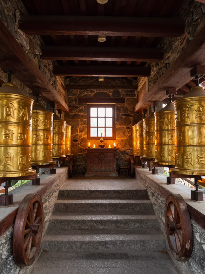 Golden Hour Hilltop Shrine with Prayer Wheels in beside a prayer wheel corridor in Taoyuan County