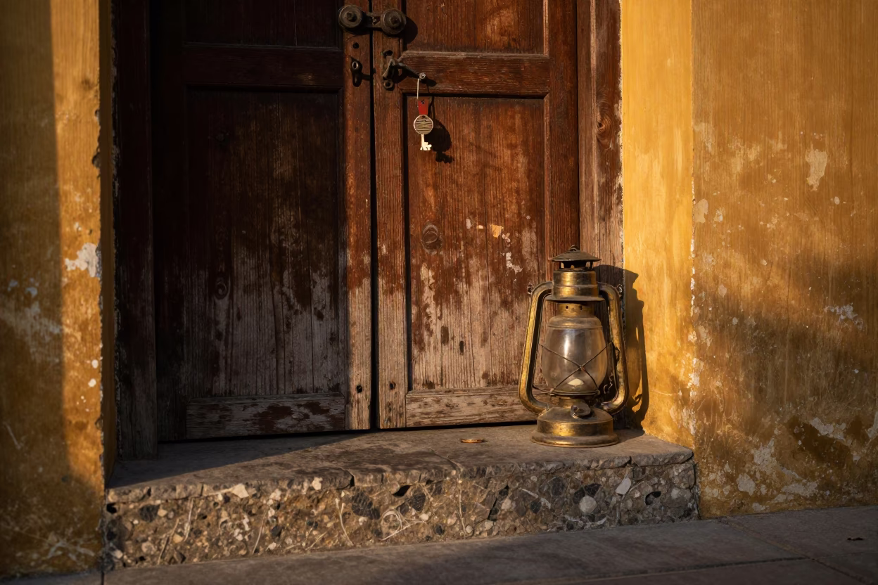 Golden Hour Hoi An Street Scene with Vintage Oil Lamp and Key Bowl in in Hoi An, Vietnam