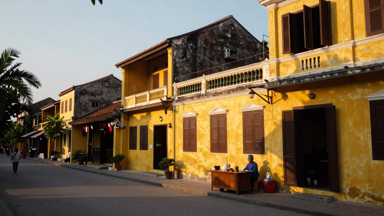 Golden Hour Hoi An Street Scene with Yellow Colonial Architecture and Local Market Activity in in Hoi An, Vietnam