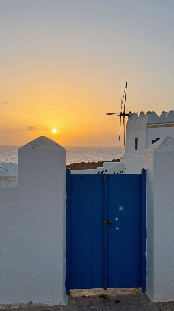 Golden Hour Horizon in Essaouira Morocco Coastal Wind and Blue Gate in in Essaouira, Morocco