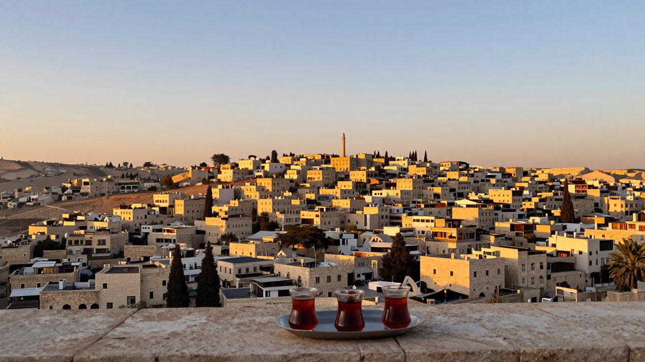 Golden Hour Horizon View of Amman Jordan with Traditional Tea Service and City Skyline in in Amman, Jordan