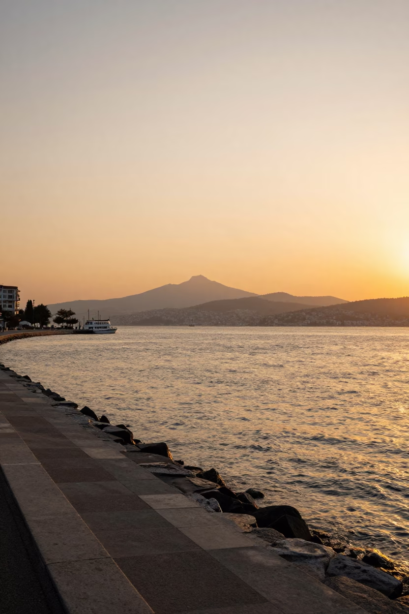 Golden Hour Horizon View of Izmir Bay and Kordon Promenade with Local Street Life in in Izmir, Turkey