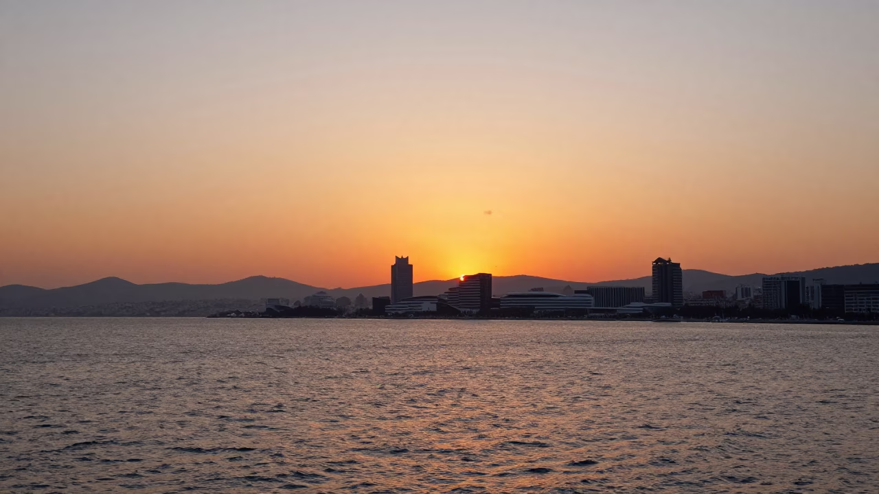 Golden Hour Horizon View of Izmir Turkey Bay and Coastal Architecture in in Izmir, Turkey