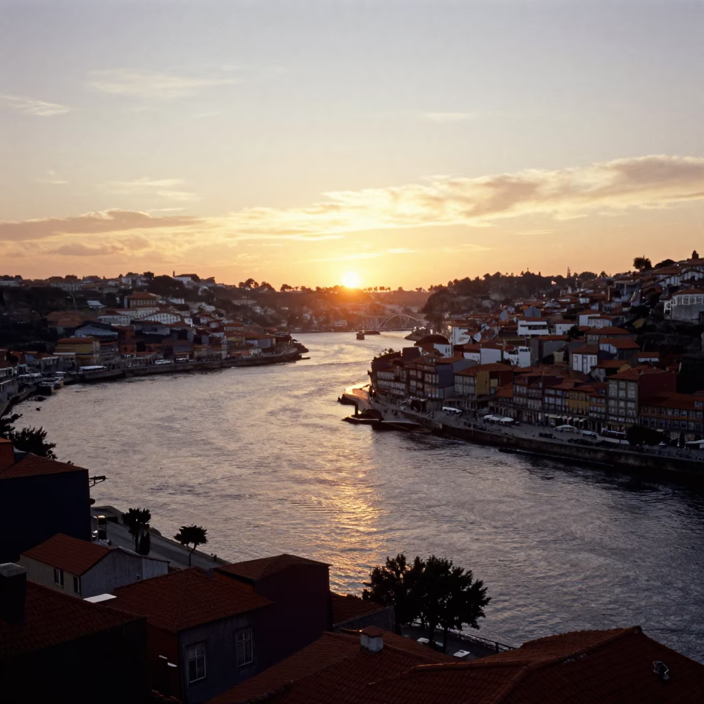 Golden Hour Horizon View of Porto Portugal Douro River and Ribeira District Sunset in in Porto, Portugal