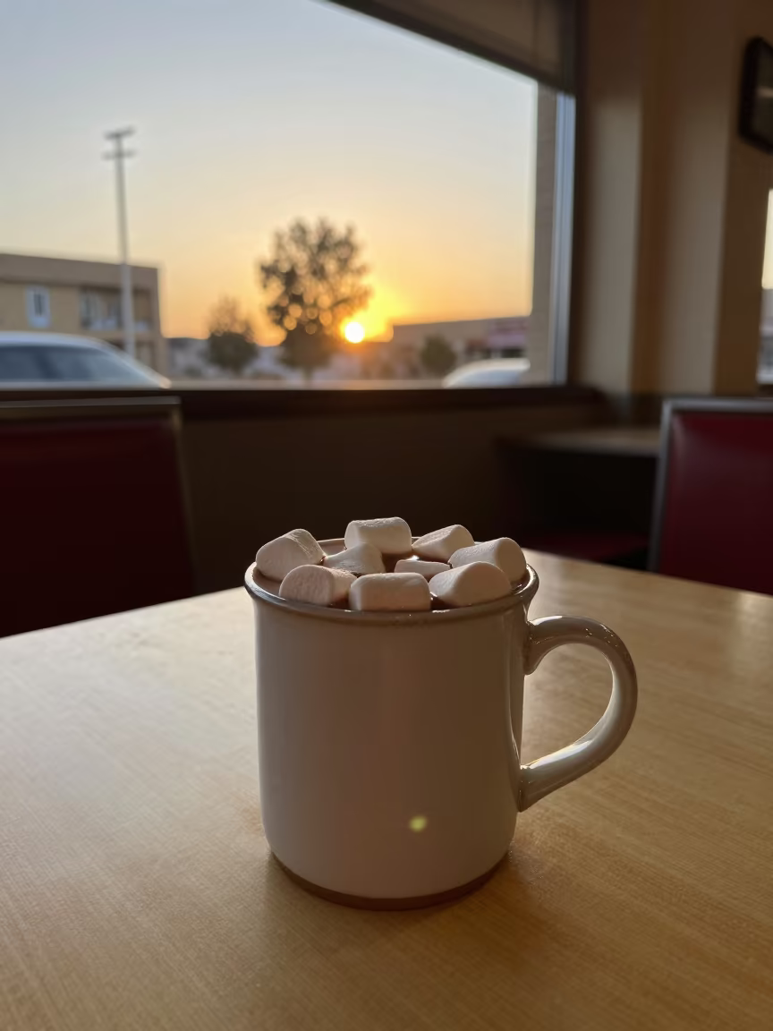 Golden Hour Hot Chocolate Marshmallows Diner Table in at a roadside diner table in Mashhad