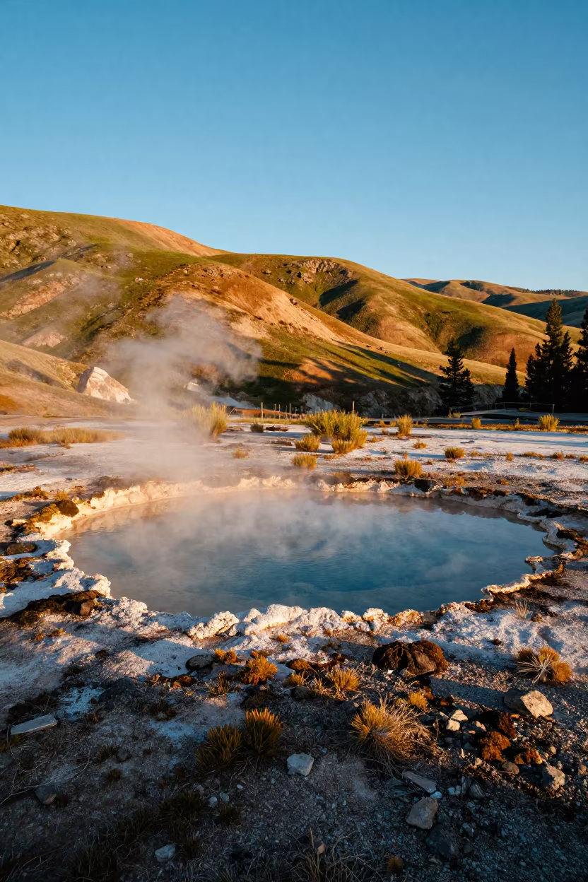Golden Hour Hot Spring Rimmed with Wyoming Foothills in from a ridge above layered foothills in Wyoming