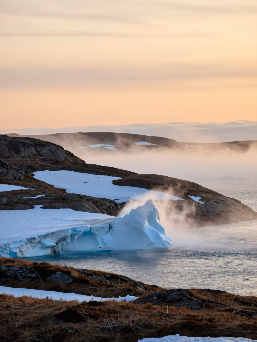 Golden Hour Iceberg Calving Finnish Foothills Mist in from a ridge above layered foothills in Finland