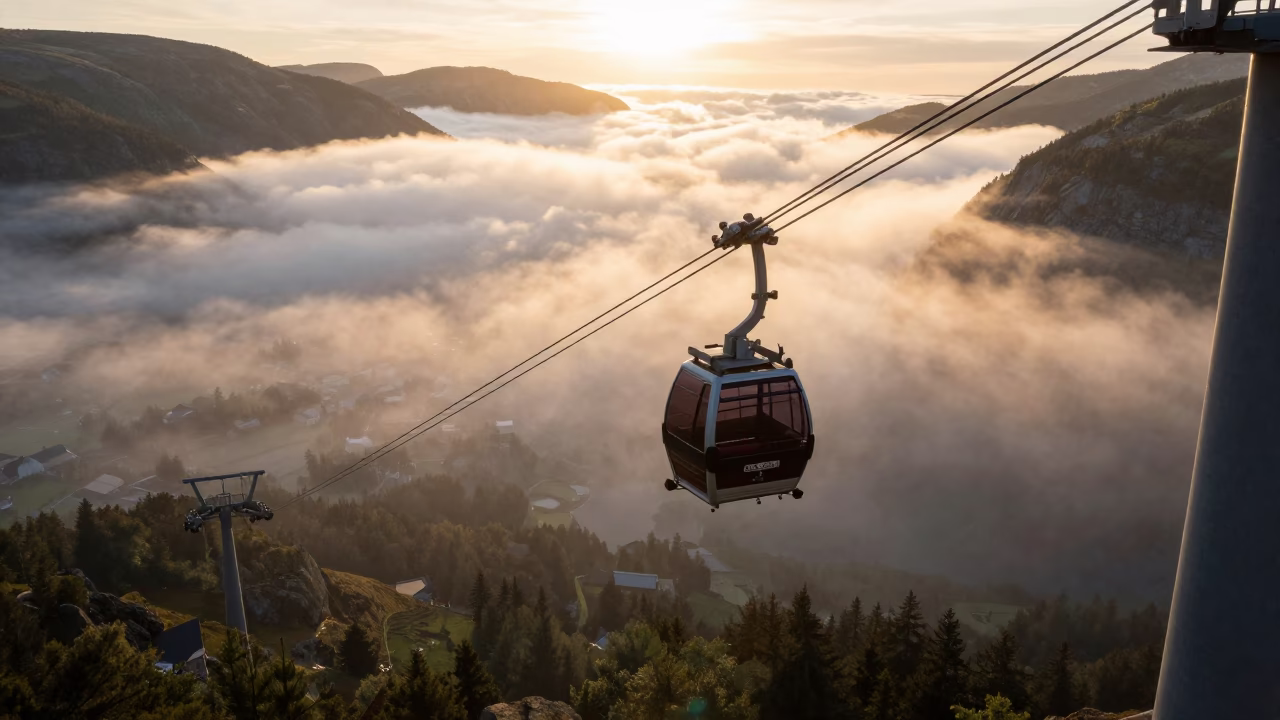 Golden Hour in Bergen Norway Aerial Tramway Above Foggy Valley in in Bergen, Norway