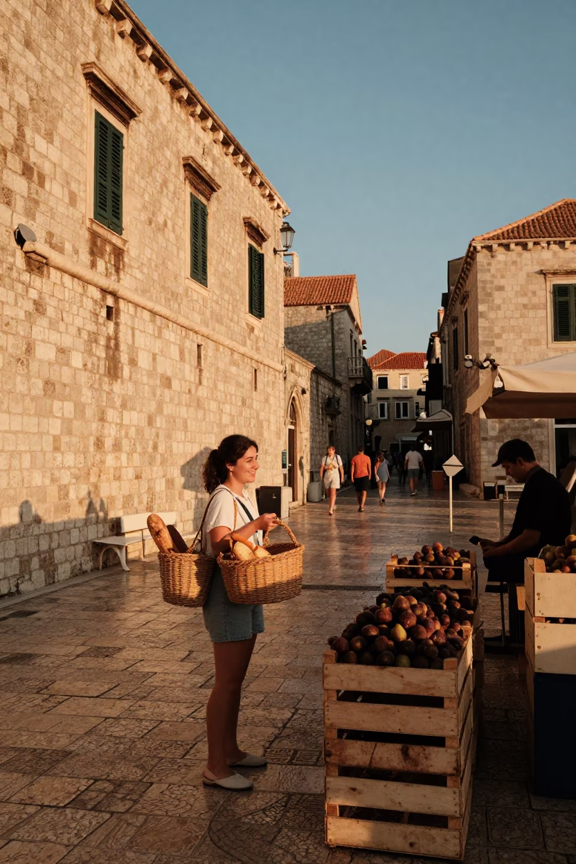 Golden Hour in Dubrovnik Croatia Street Scene with Local Life in in Dubrovnik, Croatia