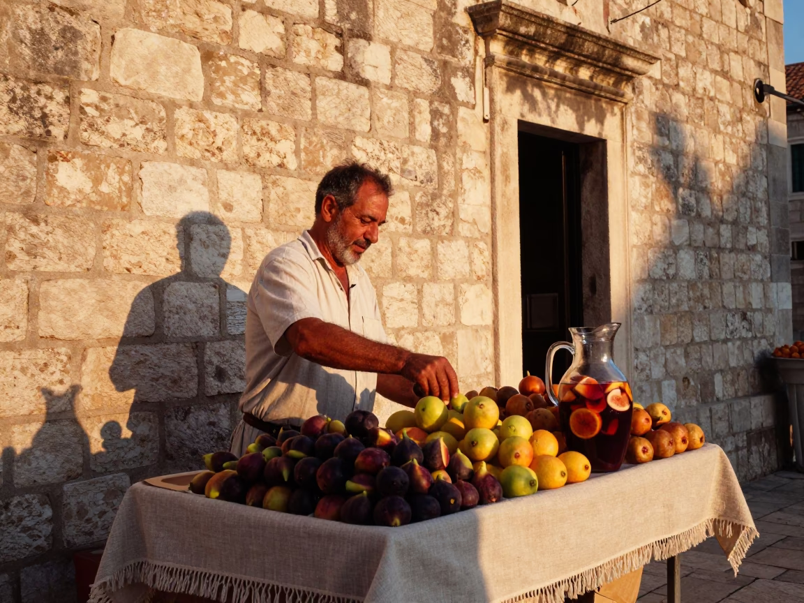 Golden Hour in Dubrovnik Croatia with Figs and Linen Fringe in in Dubrovnik, Croatia