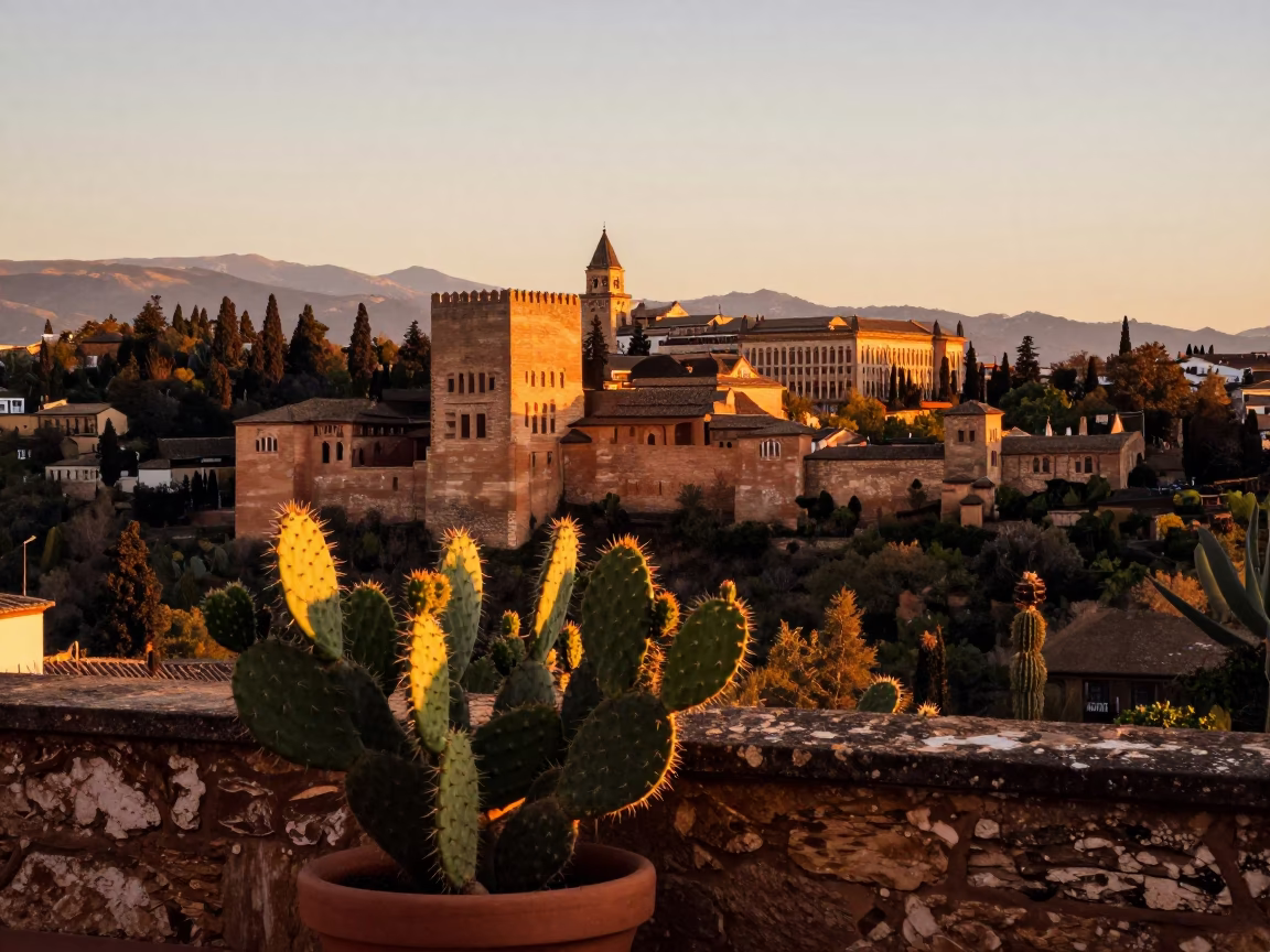 Golden Hour in Granada Spain Alhambra Views with Prickly Pear Cactus in in Granada, Spain