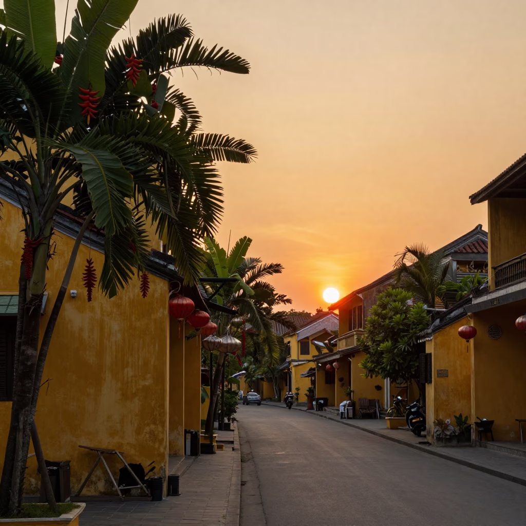 Golden Hour in Hoi An Vietnam Ancient Town Street Scene with Heliconia Flowers in in Hoi An, Vietnam