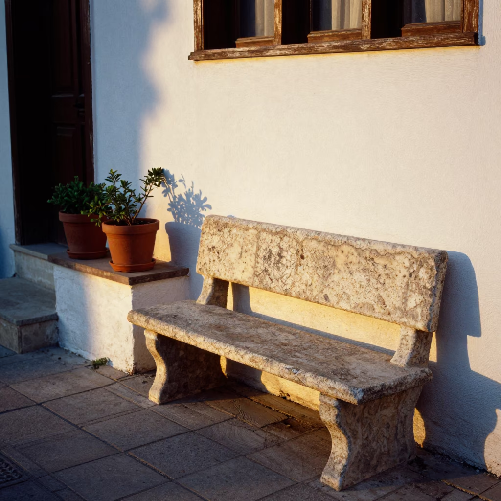 Golden Hour in Izmir Turkey Street Scene with Stone Bench and Houseplants in in Izmir, Turkey