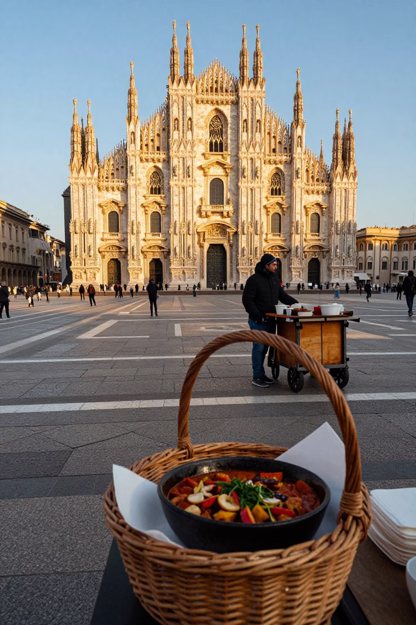 Golden Hour in Milan Piazza with Wicker Basket and Shakshoka Bowl in in Milan, Italy