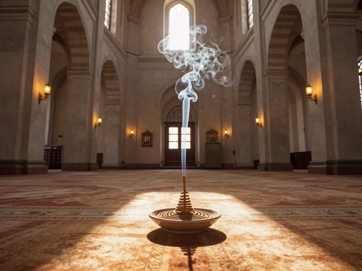 Golden Hour Incense in Linz Mosque in in a mosque prayer hall in Linz