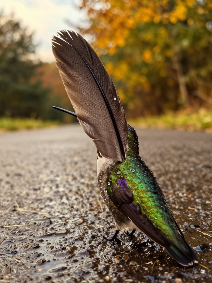 Golden Hour Iridescence on Hummingbird Feather in along a game trail in Indiana