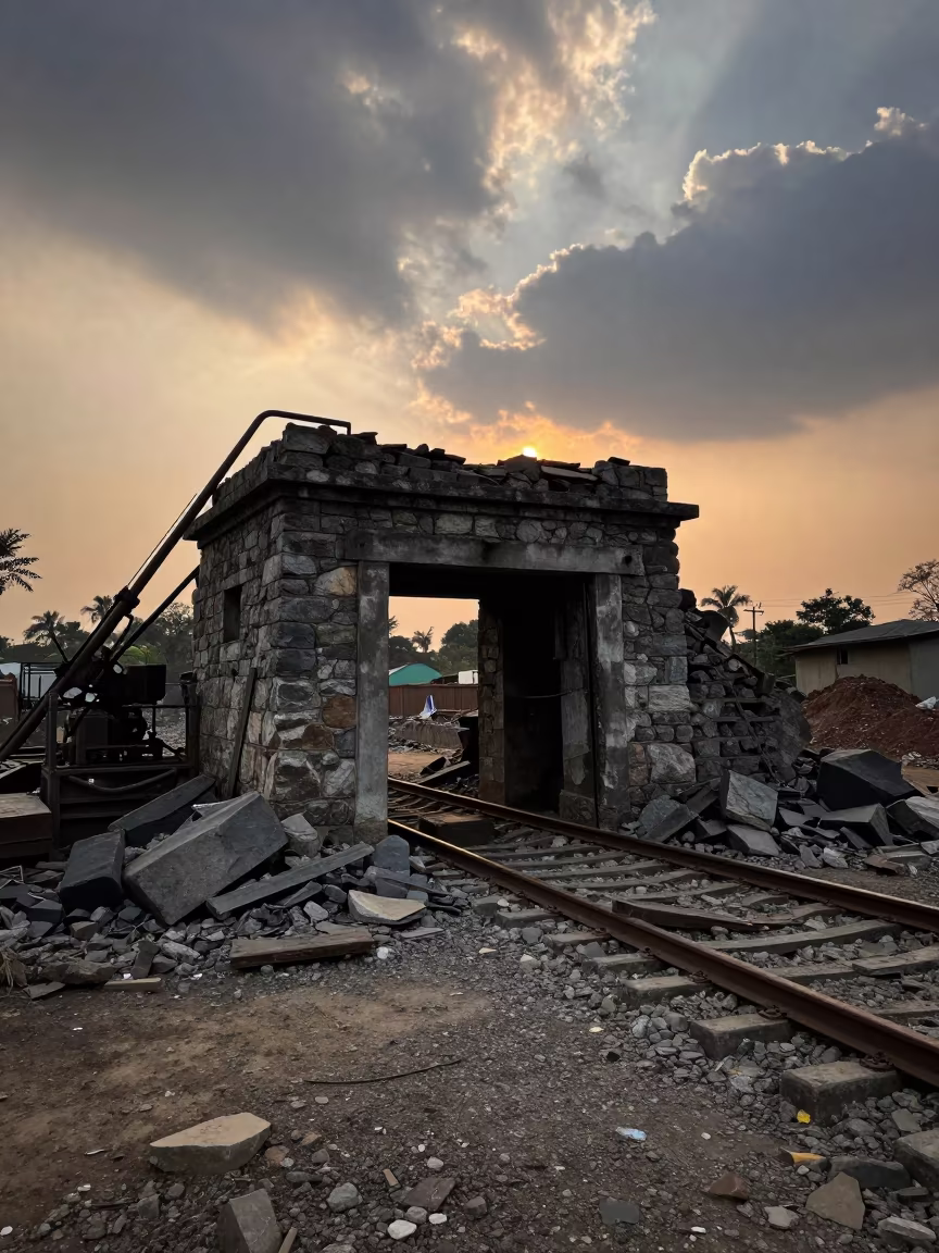 Golden Hour Ironstone Mine Entrance Rails in across an active works site near Gorakhpur
