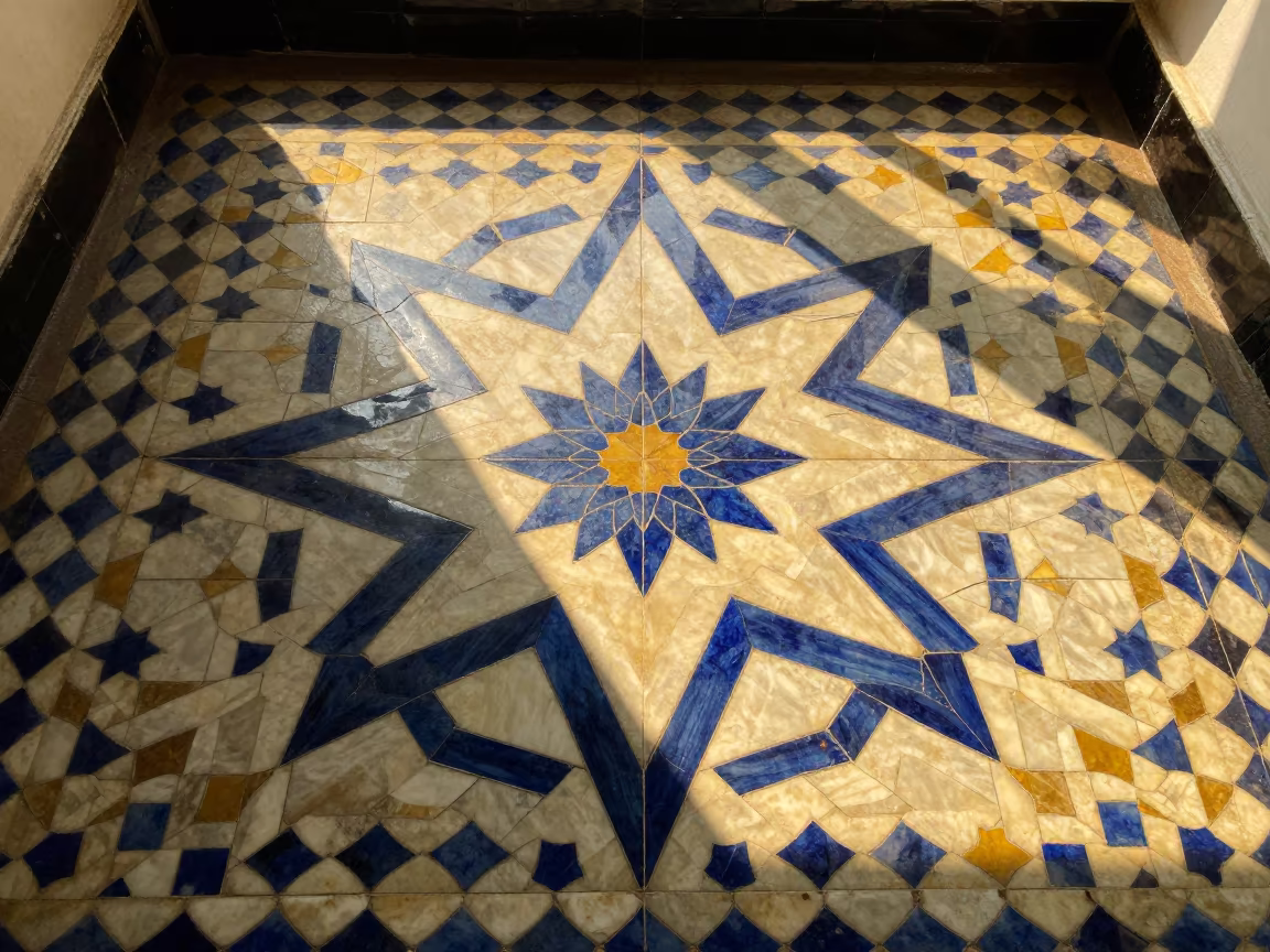 Golden Hour Islamic Star Mosaic Stair Hall in inside a tiled stair hall in Nanchang