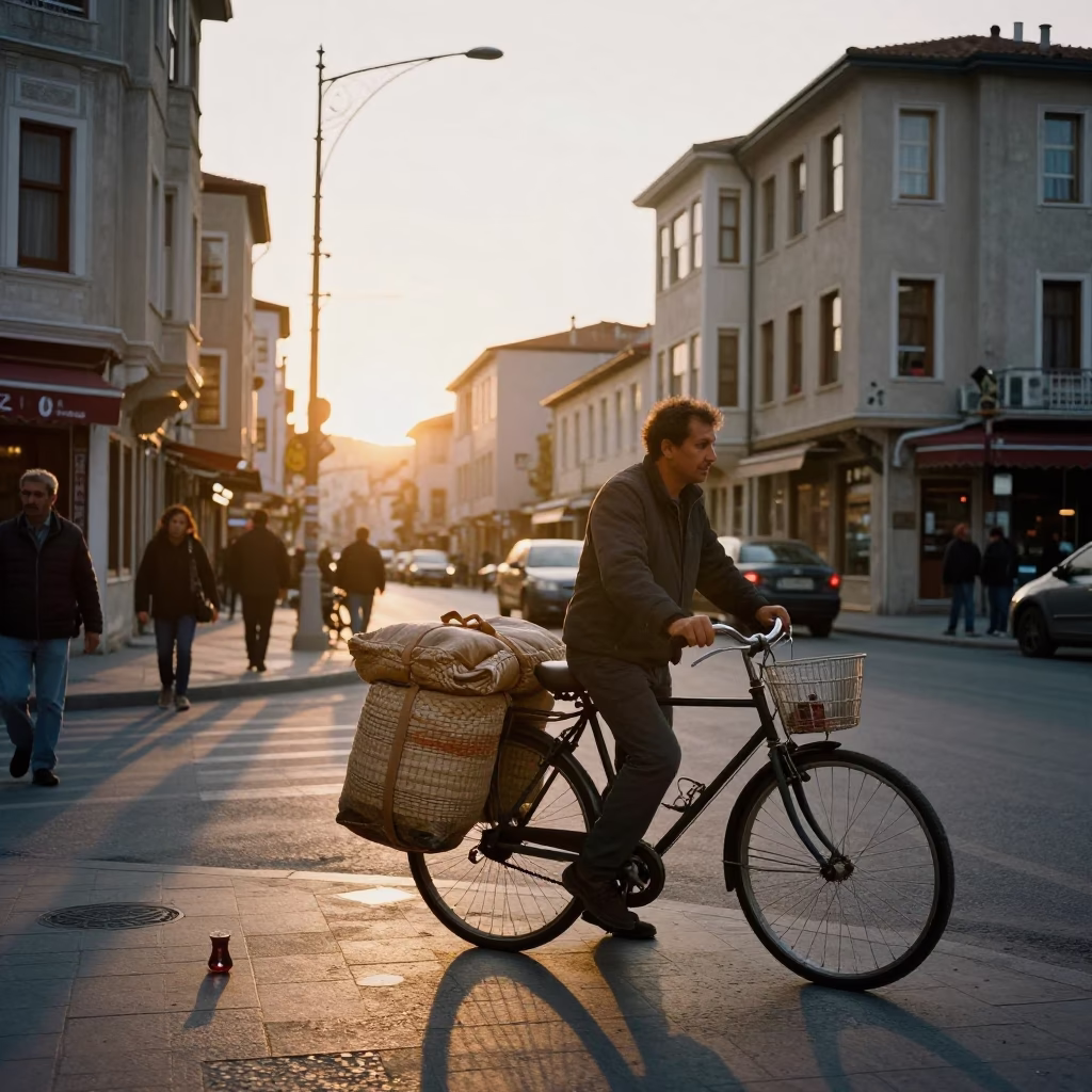 Golden Hour Istanbul Street Scene with Bicycle and Traditional Tea Glass in in Istanbul, Turkey
