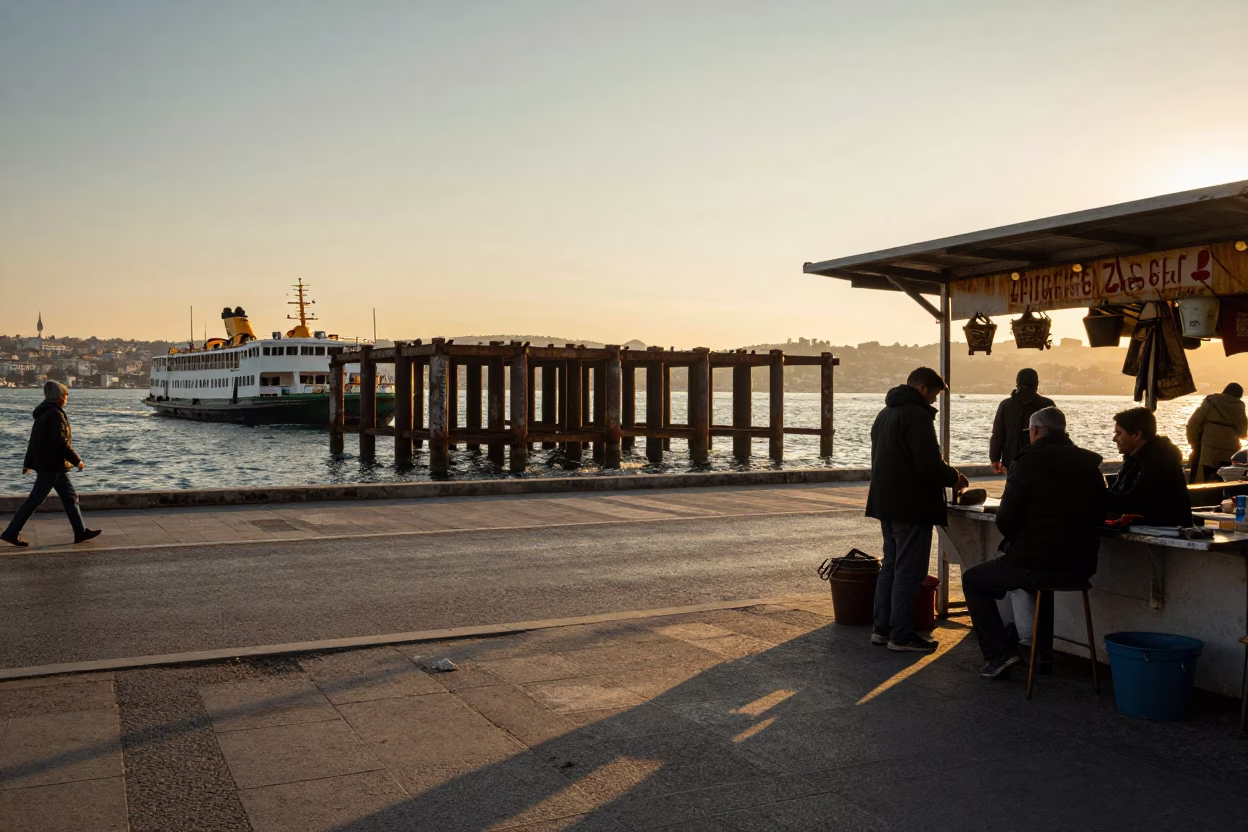 Golden Hour Istanbul Street Scene with Ferry Piling and Local Vendor in in Istanbul, Turkey