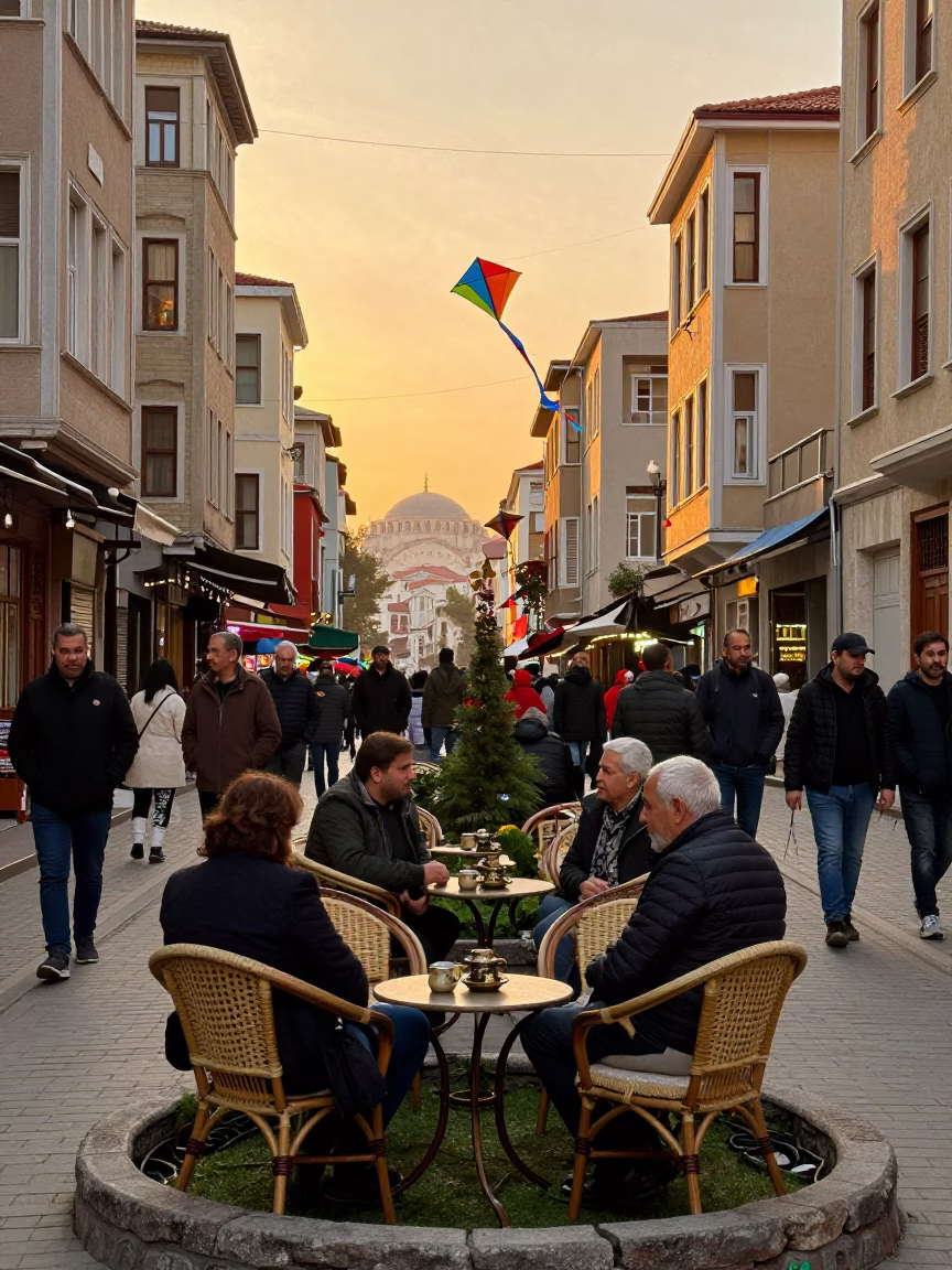 Golden Hour Istanbul Street Scene with Kite Festival Spectators and Traditional Tea in in Istanbul, Turkey