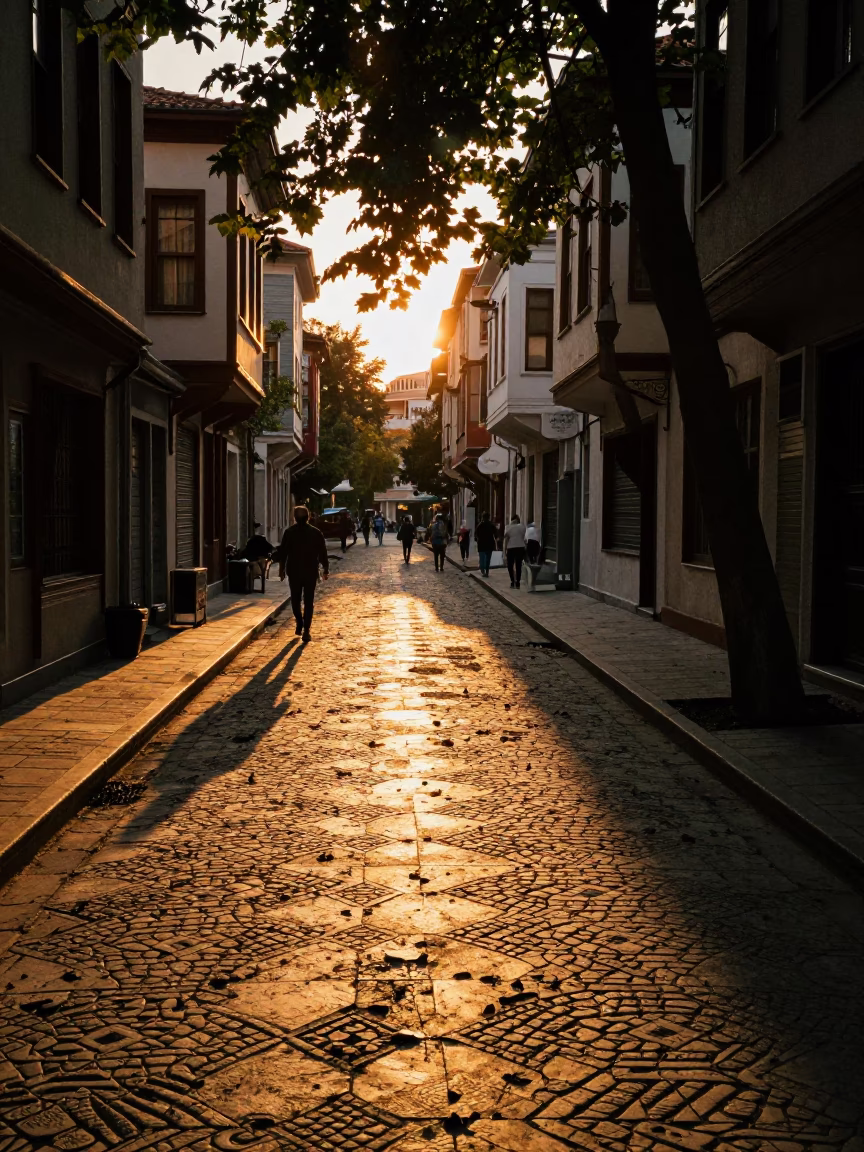 Golden Hour Istanbul Street Scene with Leaf Shadows on Tile and Local Market Activity in in Istanbul, Turkey