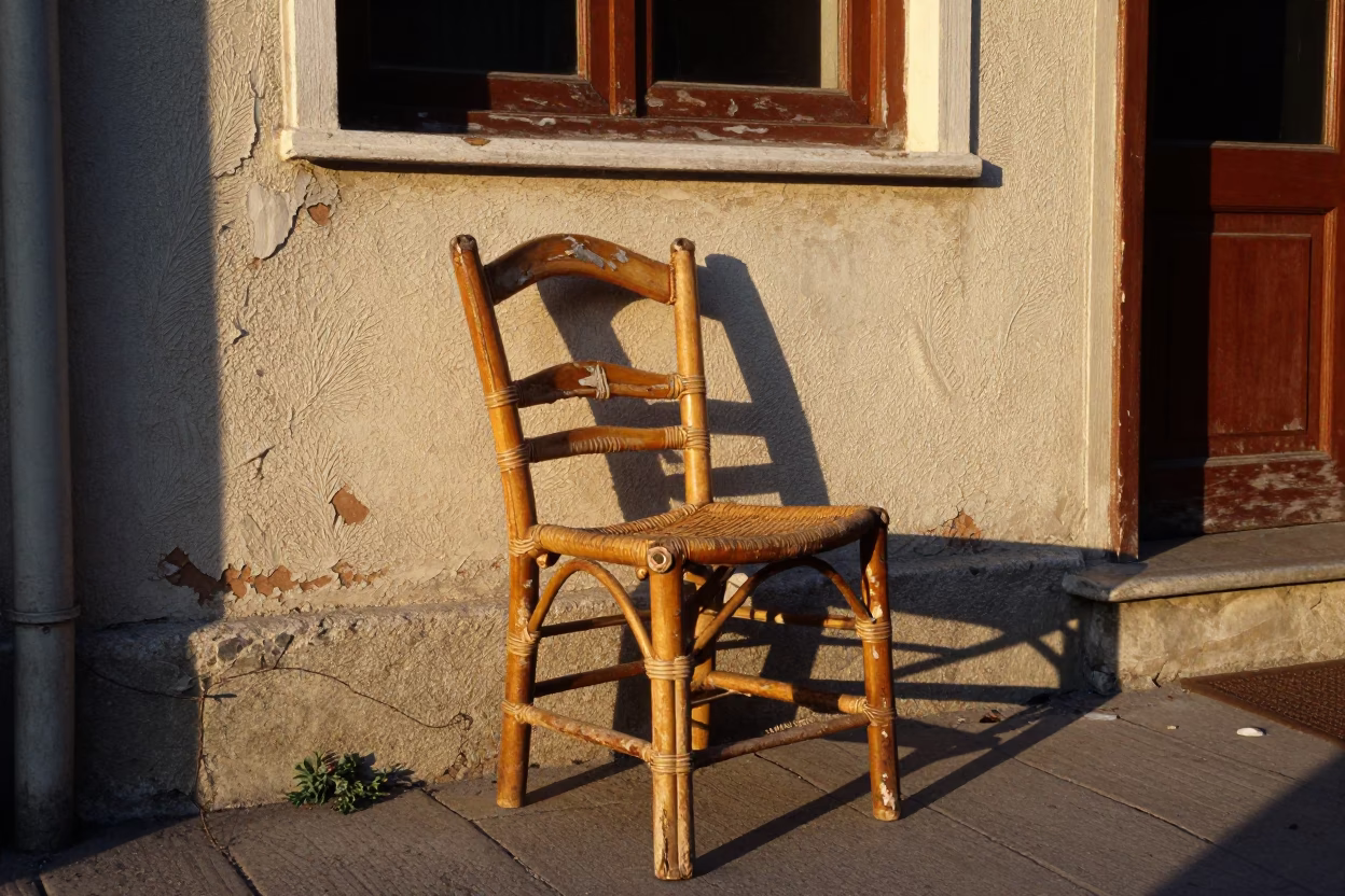 Golden Hour Istanbul Street Scene with Rattan Chair and Scuffed Wood Detail in in Istanbul, Turkey
