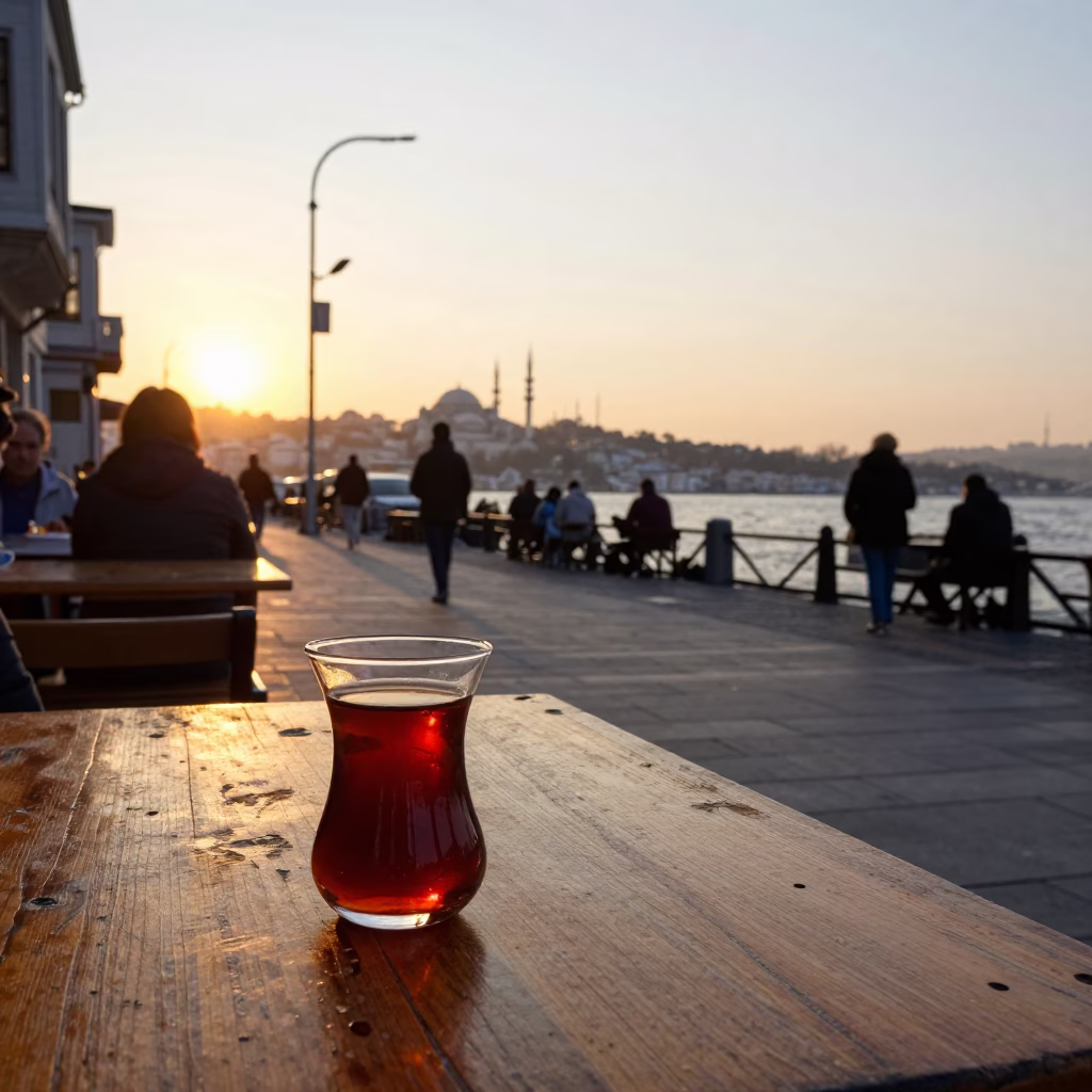 Golden Hour Istanbul Street Scene with Tea Glass and Bosphorus View in in Istanbul, Turkey