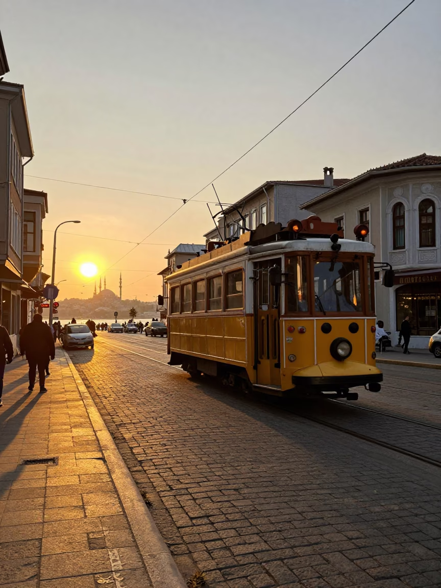 Golden Hour Istanbul Street Scene with Tram and Historic Architecture in in Istanbul, Turkey