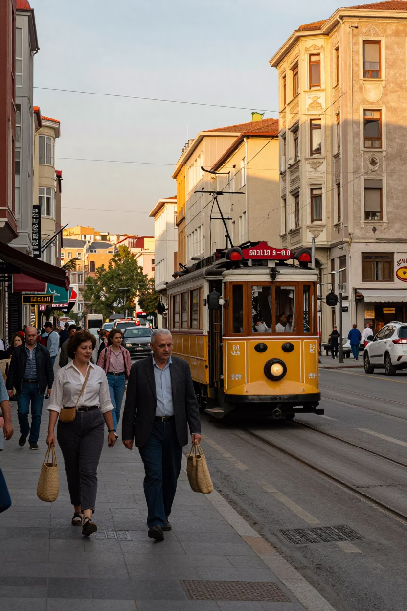 Golden Hour Istanbul Street Scene with Vintage Tram and Traditional Tea Glass in in Istanbul, Turkey
