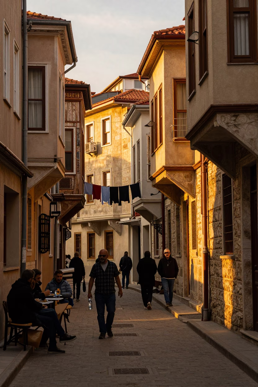 Golden Hour Istanbul Street Scene with Water Bottle and Local Details in in Istanbul, Turkey