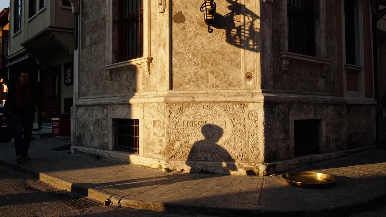 Golden Hour Istanbul Street Scene with Wicker Shadow and Brass Tray in in Istanbul, Turkey