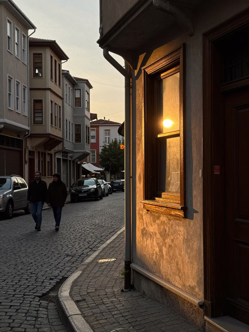 Golden Hour Istanbul Street Scene with Window Light and Urban Details in in Istanbul, Turkey