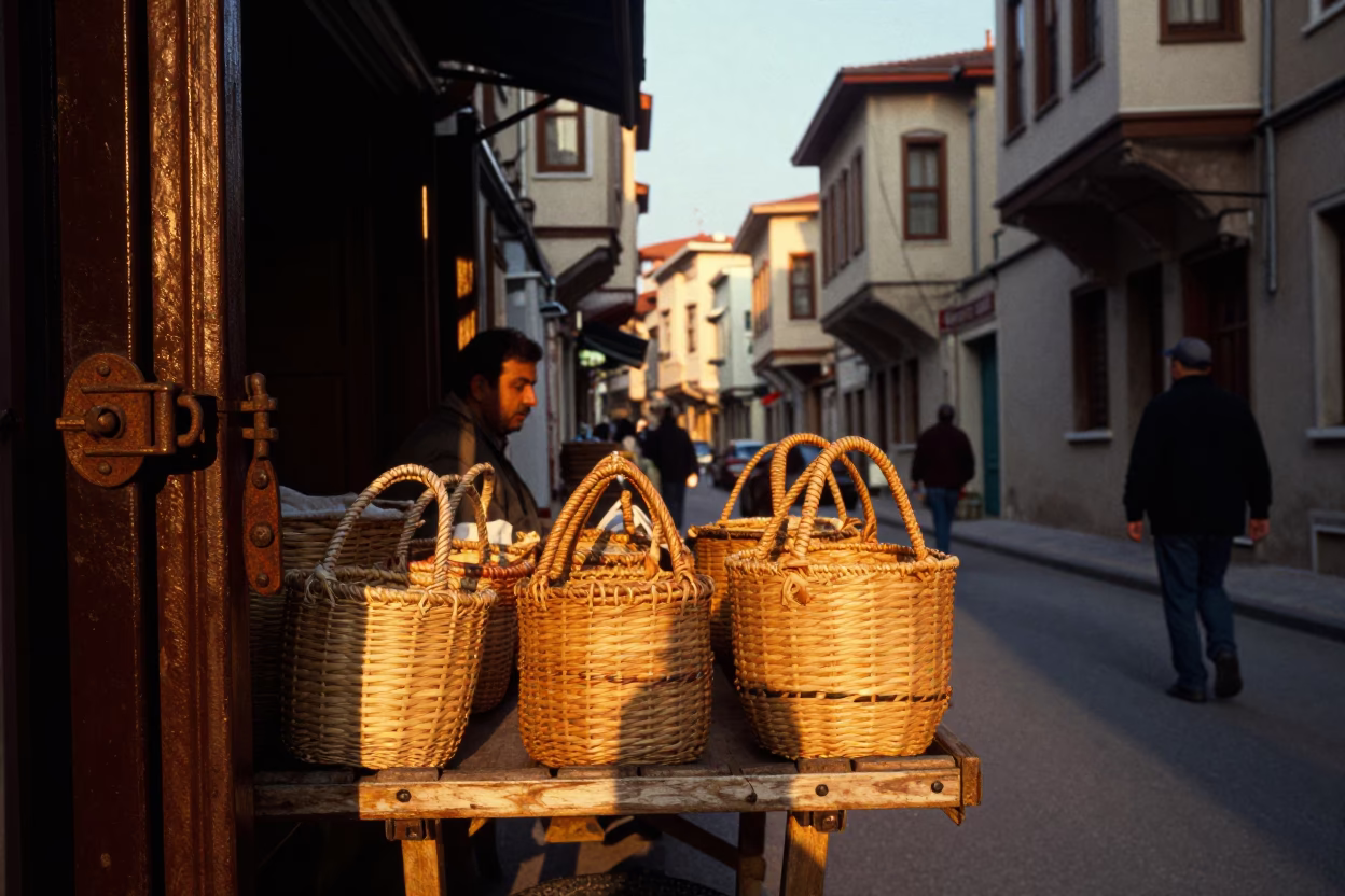 Golden Hour Istanbul Street Scene with Woven Baskets and Rustic Latch Detail in in Istanbul, Turkey