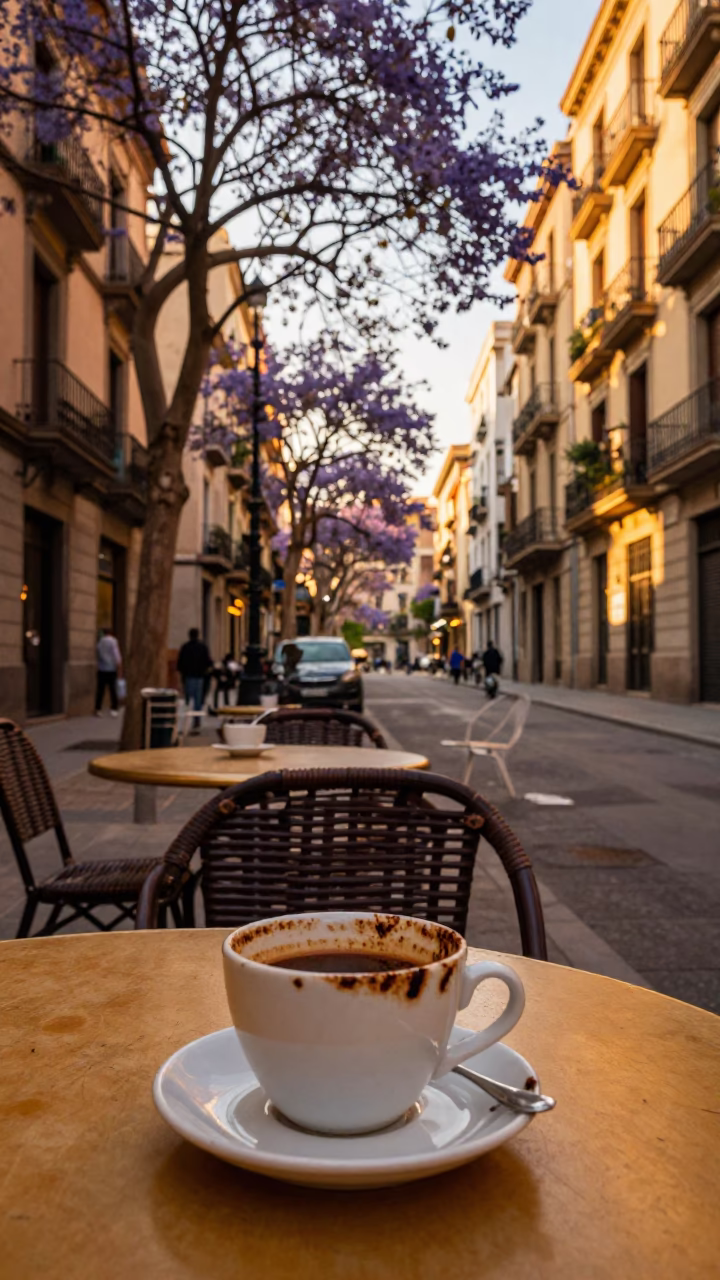 Golden Hour Jacaranda Bloom and Tea Stains in Barcelona Street Cafe in in Barcelona, Spain