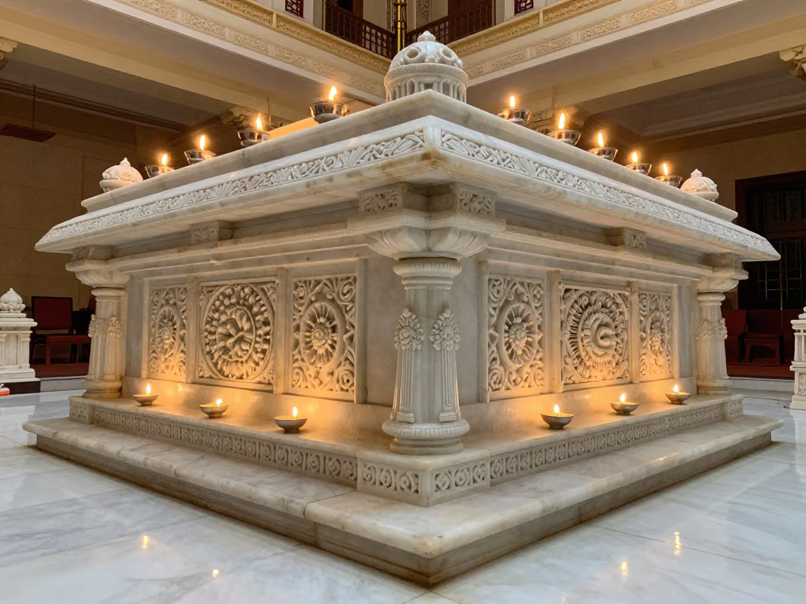 Golden Hour Glow on Jain Temple Marble Filigree in at the foot of a stone altar in Mumbai