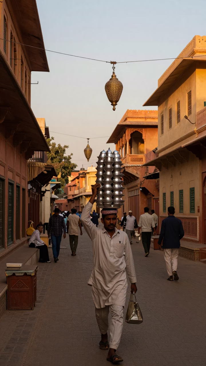 Golden Hour Jaipur Street Scene with Decorative Lantern and Traditional Architecture in in Jaipur, India
