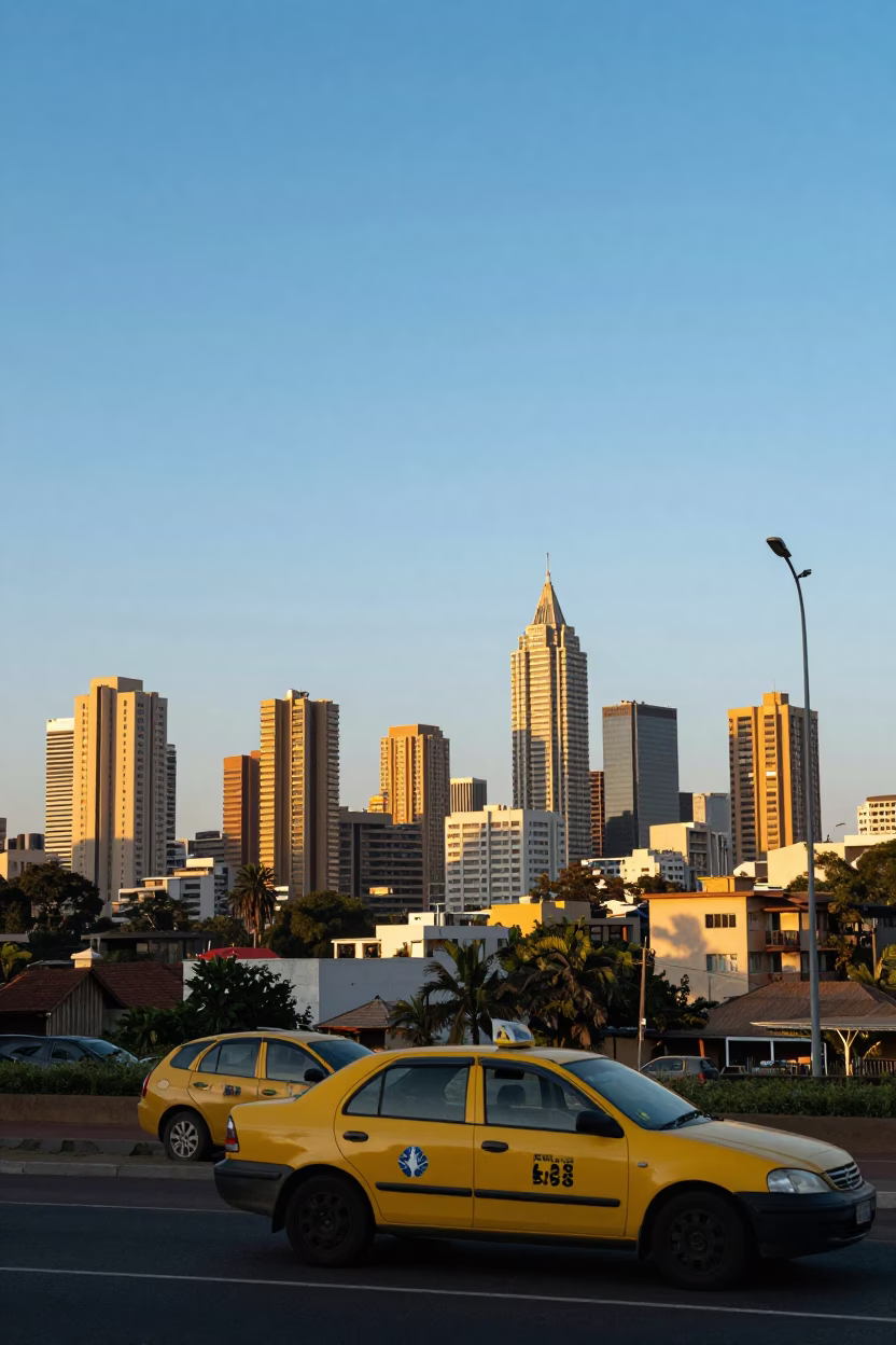 Golden Hour Johannesburg Skyline View with Yellow Taxi and Potted Geraniums in in Johannesburg, South Africa