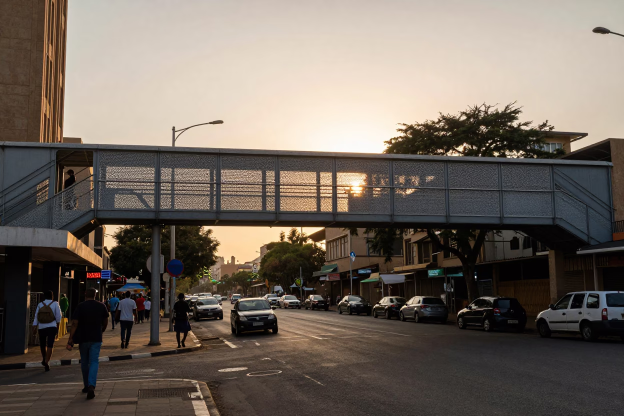 Golden Hour Johannesburg Street Scene with Pedestrian Overpass and Perforated Metal Details in in Johannesburg, South Africa