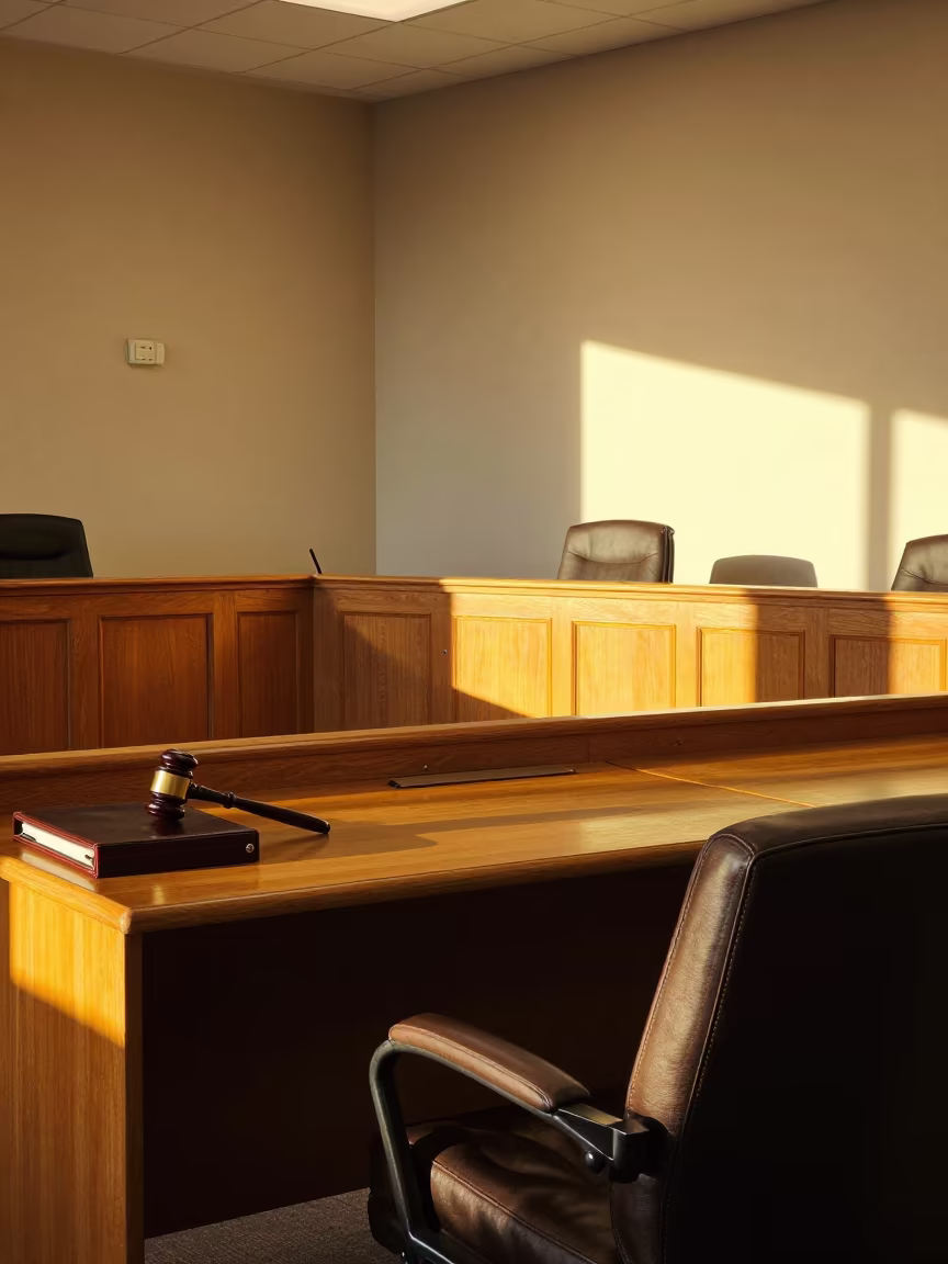 Golden Hour Light on Judge's Bench in San Diego Hall in in a community center hall in San Diego