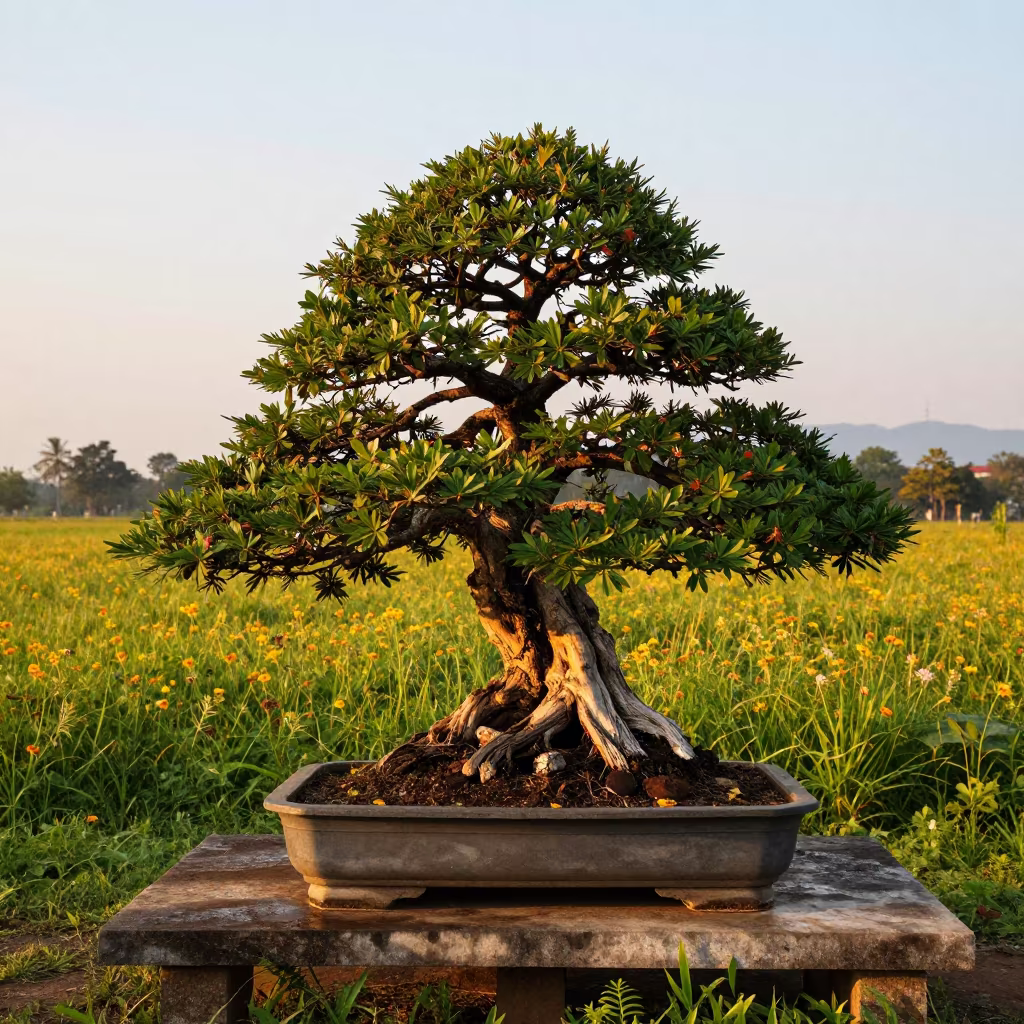 Golden Hour Juniper Bonsai on Stone in Vientiane Meadow in in a bloom-heavy meadow near Vientiane