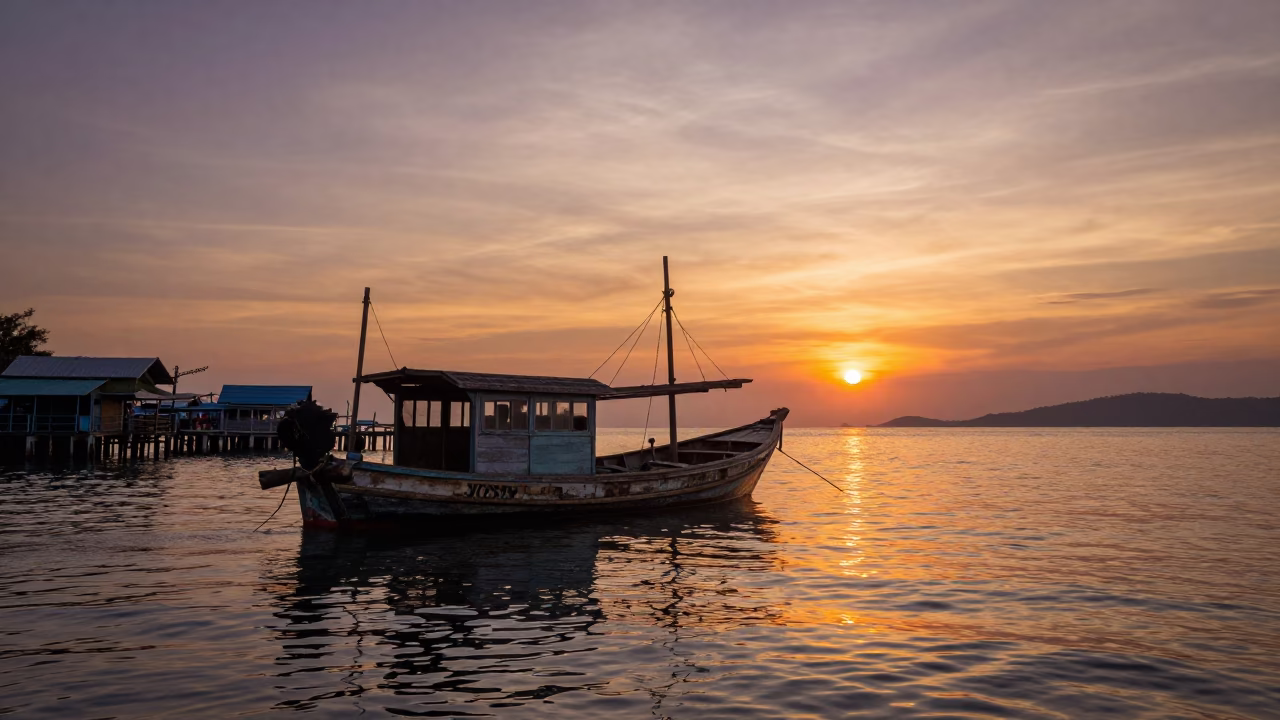 Golden Hour Junk Boat Harbor Scene in Phuket Thailand with Local Fishing Activity in in Phuket, Thailand