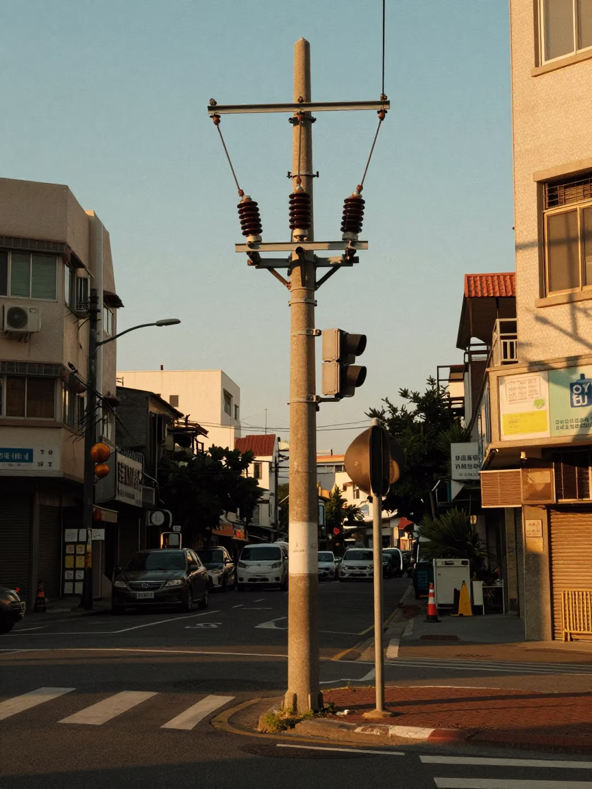 Golden Hour Kaohsiung Street Scene with Substation Insulators and Urban Details in in Kaohsiung, Taiwan