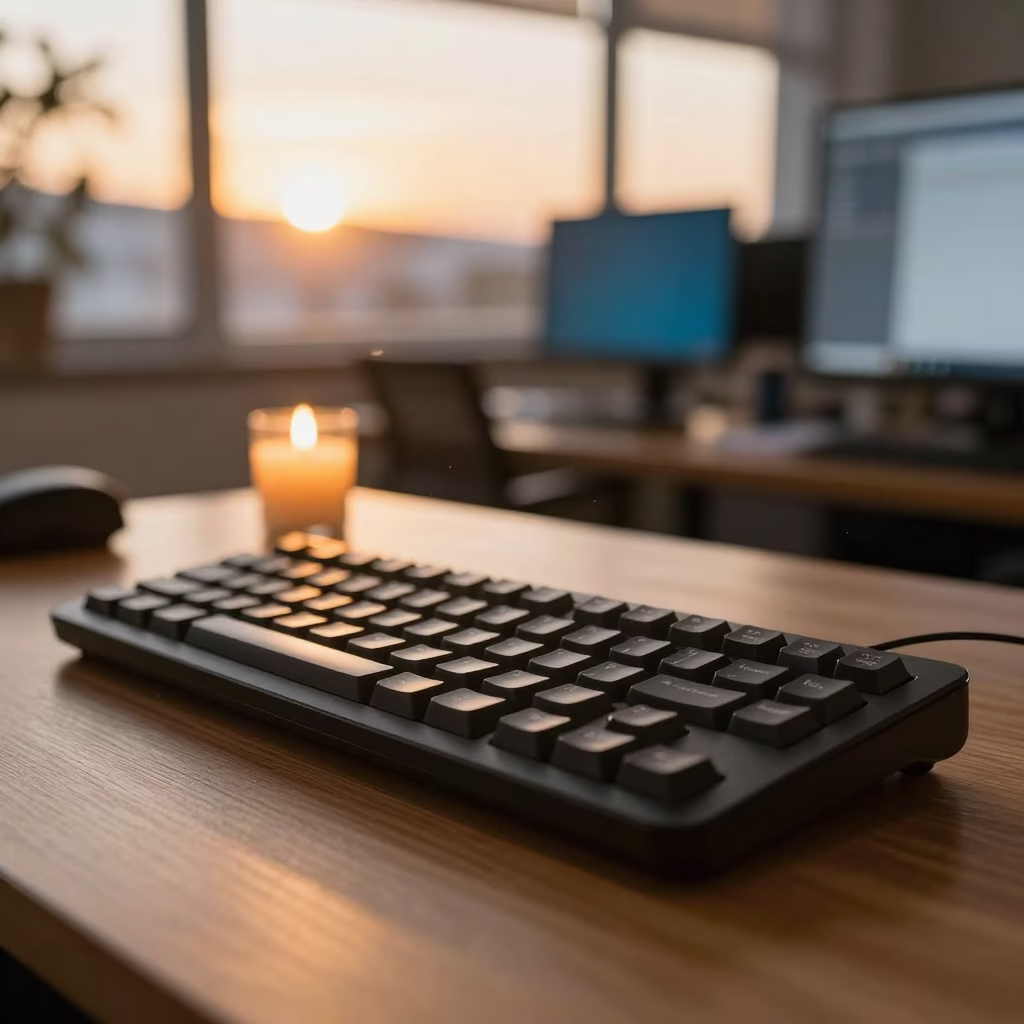 Golden Hour Keyboard Trial on Desk in on a writing desk in Karadeniz Ereğli
