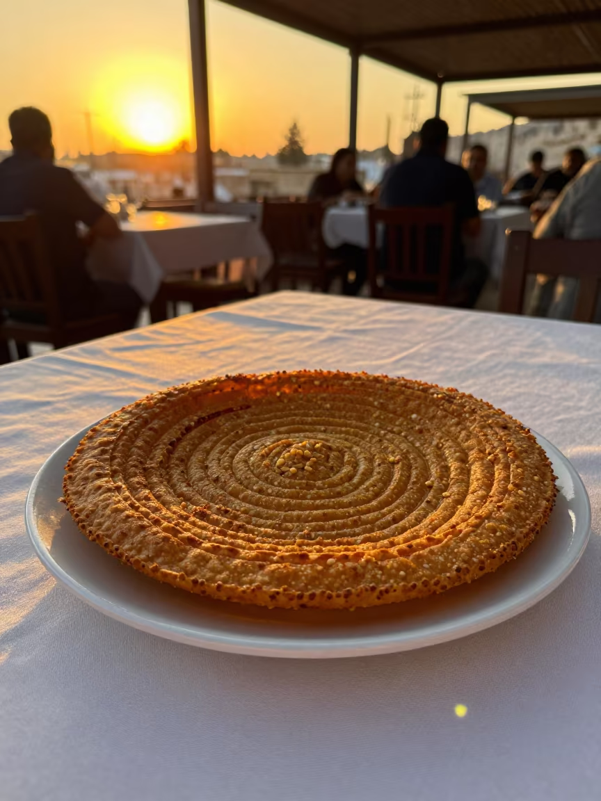 Golden Hour Kibbeh with Cracked Wheat on Linen Table in on a linen-covered restaurant table in Amman