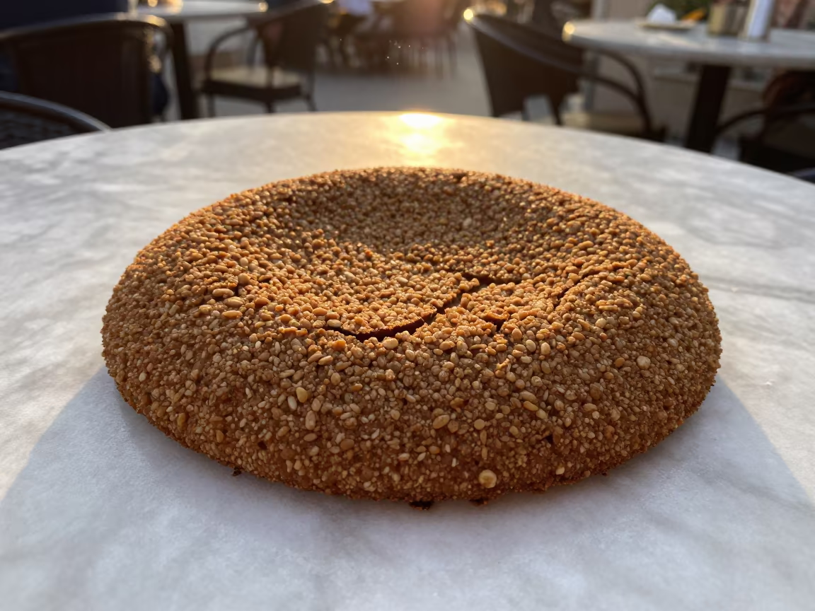 Golden Hour Kibbeh on Marble Haifa Table in on a marble cafe table in Haifa