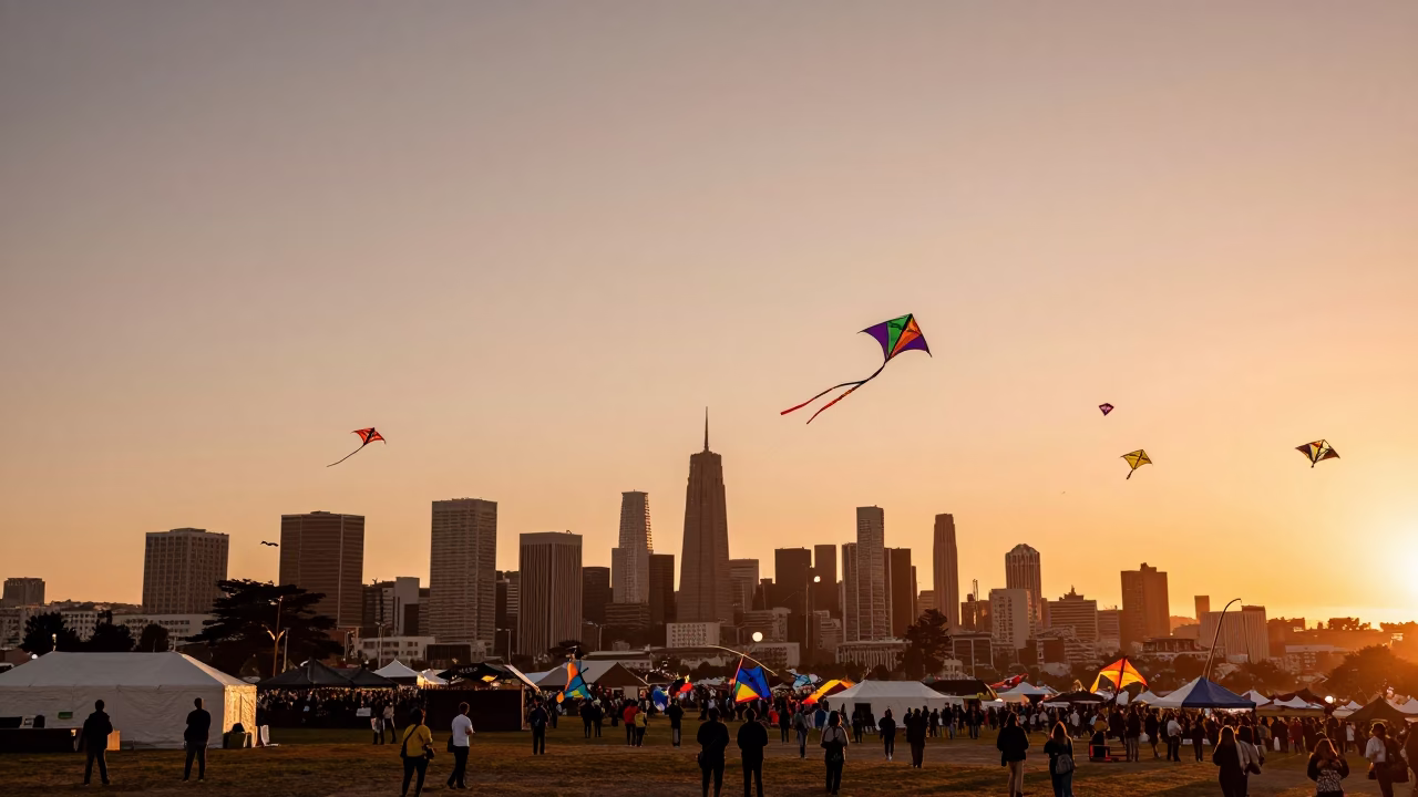Golden Hour Kite Festival Skyline View San Francisco Dusk Light in in San Francisco, California, United States