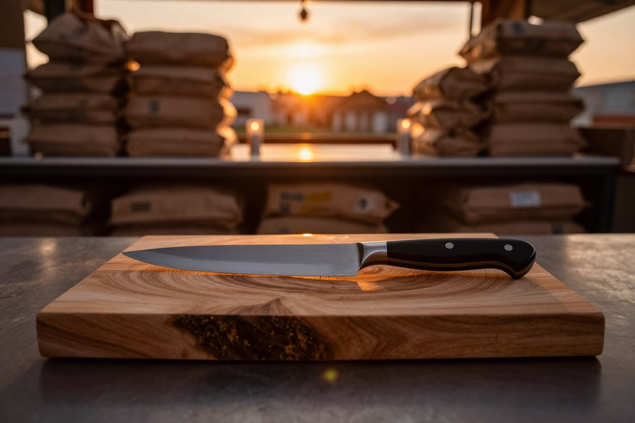 Golden Hour Knife on Grocer Counter in on a grocer's counter with stacked paper sacks in Aktobe