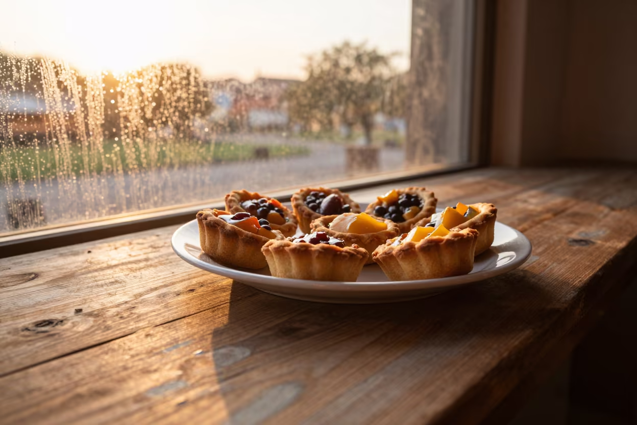 Golden Hour Kolache on Maputo Produce Table in on a painted produce display table in Maputo